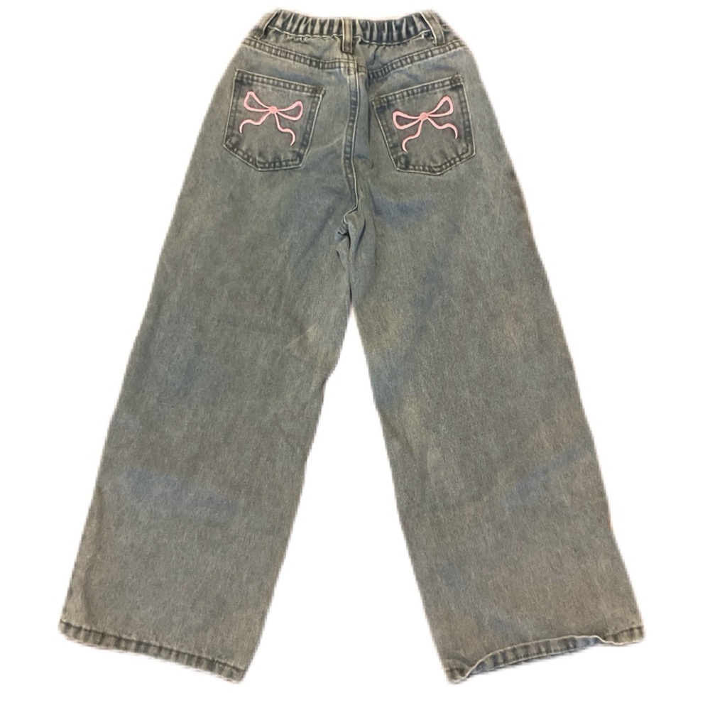 Kids Gray Jeans Pink Bow Accents embroidery wide leg